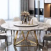 [Topjia] Modern Round Dining Table, 47.2" L x 47.2" W x 29.5" H, White & Gold Marble Top with Metal Base, Lazy Susan
