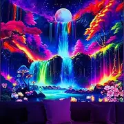 Avinyl Blacklight Posters Mountain Tapestry for Bedroom Aesthetic, Black Light Space Moon Waterfall Tapestries, UV Reactive Nature Forest Tapestry for Living Room Dorm 60in x 79in