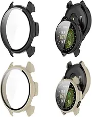 2 Pack Hard PC Cover Case Compatible for Garmin Approach S50,Watch Screen Protector Shell Built-in Tempered Glass Film Full Coverage (Black+Milk-White)