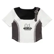 Short-Sleeve Color Block Belted Cutout Crop Tee / Tank Top / Stand Collar Zip Jacket / High Waist Slit Midi Pencil Skirt / Mini Skirt 23W047 - T-Shirt - Black & White - M