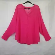 Torrid Chiffon Blouse 3X Welt Pocket Pullover Long Sleeve Pink Peacock Sheer NEW
