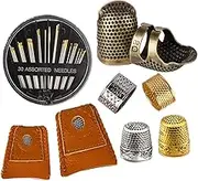8 Pcs Thimble + 30 Pcs Sewing Needles, Finger Protector Fingertip Adjustable Metal Bronze Rings and Leather Coin Thimble for Needlework, Hand Embroidery Craft