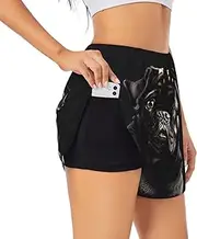 [WURTON] Cute Black Pug Dog Print Exercise Gym Workout Shorts Women's Athletic Shorts Dual-Layered Yoga Running Shorts