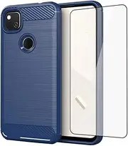 [Asuwish] Phone Case for Google Pixel 4a 4G with Tempered Glass Screen Protector Cover and Slim Thin Soft TPU Mobile Cell Accessories Protective Pixel4a Pixle a4 5.8 2020 Women Men Carbon Fiber Blue