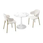 Oikiture 60cm Round Dining Table with 2x Dining Chairs Sherpa Gold&White