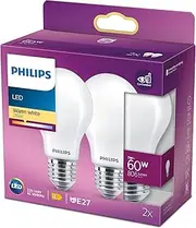 Philips LED Classic A60 Frosted Light Bulb 2 Pack [E27 Edison Screw] 7W - 60W Equivalent, Warm White 2700K, Non Dimmable