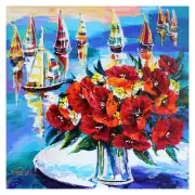 Yana Rafael "Sailboats Outside Window" hand signed original Painting on Canvas