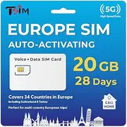 TSIM Europe Prepaid SIM Card 28 Day with Callhome | 20GB 5G/4G Speed Data | Unlimited Local Calls + 100 AU Minutes | Use in UK, Switzerland, Turkey & 30+ EU Countries | Plug & Go – Auto Activating!