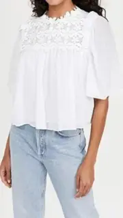 7 For ALL MANKIND Applique Floral Ruffle Blouse NWT! $199 Sz M White Linen
