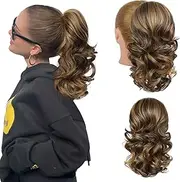 Flufymooz Ponytail Extension, 14 Inch Short Drawstring Ponytail Hair Extension for Women, Soft Synthetic Pony Tails Hairpiece for Women (Chocolate Brown with Medium Blonde)