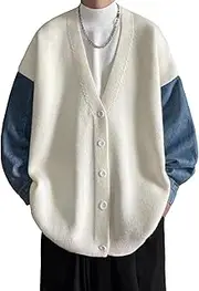 [Qolkmuiy-GJ] Men's Color block Shawl Collar Cardigan Long Sleeve V Neck Open Sweater Single Breasted Knitted Cardigan