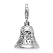 Sterling Silver Amore La Vita Rhodium-Plated Polished 3-D Movable Bell Charm With Fancy Lobster Clasp