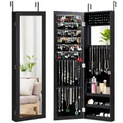 Costway Jewelry Cabinet Wall Door Mounted Jewelry Armoire w/Full Length Mirror Storage Shelves Black