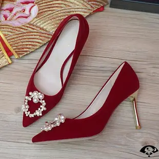 婚鞋女年冬季新款新娘鞋中式秀禾服紅色高跟鞋主婚紗結婚鞋子