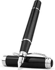 STONEGO Black Fountain Pen, 0.38mm Extra Fine Nib Metal Calligraphy Writing Gift Pen Ink Refill Converter Included Drawing Journal Business Pens for Men Women, School, Office (Silver)