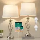Table Lamp for Bedroom Set of 2 with USB C+A Silver Base + White Lampshade