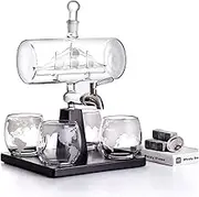 Whiskey Carafe Set, Delivered with a Bottle of Wine and Four Glasses, Stainless Steel Faucet, Base Pine Wood