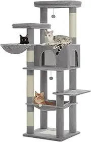 PAWZ Road Cat Tree for Large Cats, 186cm Multi-Level Cat Tower for Indoor Cats, 2 Spacious Plush Top Perches Cat Condo with Scratching Posts, Scratching Pad, Basket, Large Hammock, Dangling Ball, Grey