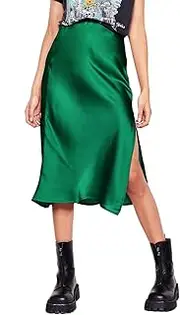 [SIPEIEN] Women's Satin Skirt, Elastic Waistband, Long High Waist Skirt, Elegant Split Hem, Midi Skirt, Business Skirt, Dark Green, S