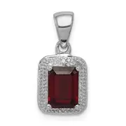 Sterling Silver Rhodium Emerald-Cut Garnet & Diamond Pendant