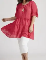 Autograph Fuschia Pink S/S Frill Button Tunic Top Ladies Plus Size 14 RRP$99