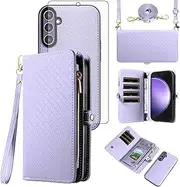 [Asuwish] Phone Case for Samsung Galaxy S23 FE 5G Zipper Wallet Detachable Cell Cover with Tempered Glass Screen Protector Crossbody Lanyard Strap Flip Card Holder S 23 EF S23FE 23S Women Girls Purple
