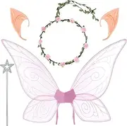 JOINPAYA 1 Set Fairy Wings Costume: Butterfly Wings with Floral Garland Fairy Hair Tinsel Wand & Elf Ears for Girls Dress Up Cosplay Party Performance