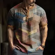 Men's Geometric Pattern Printed T Shirt Henley Shirt Short Sleeve Designer Retro Vintage Casual Street Casual Daily Summer Spring Khaki Henley Henley T-Shirt