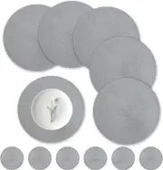 Round Placemats Set of 6, 34 cm Heat Resistant Round Braided Table Mats with Coasters Set of 6 Washable Woven Place Mats (Silver Grey)