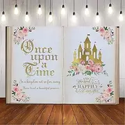 Aumeko Once Upon a Time Backdrop Pink Floral Gold Castle Princess Fairytale Birthday Party Decoration Girls First Birthday Party Photobooth Backdrop Supplies Cake Table Decorations