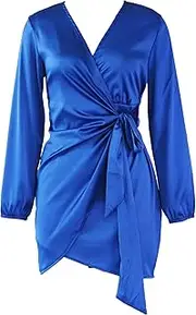 [Generic] Women's Sexy Slim Belted Dress V-Neck Lantern Long Sleeve Dress Solid Color Party Mini Dresses