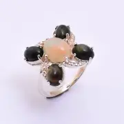 Natural White Opal & Black Opal Gemstone 925 Sterling Silver Women Designer Ring