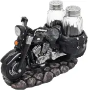 Vintage Black Motorcycle Figurine Spice Holder with Refillable Salt and Pepper S