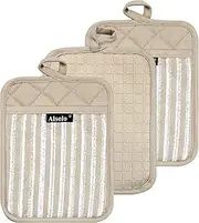 Alselo Silicone Pot Holders Set of 3 Heat Resistant & Non Slip Potholders, Professional Oven Hot Pads with Pockets Mitts for Kitchen Cooking Baking Barbecue (Khaki, 3)