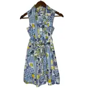 Crewcuts Girls Size 10 Sleeveless Button Down Dress Blue Lemon Print Summer NEW