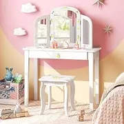 HONEY JOY Kids Vanity Table and Chair Set, Kids Dressing Table w/Tri-Folding Mirror, Large Storage Drawer, 2 in 1 Pretend Play Vanity Table with Detachable Top for Kids Aged 3+ Years Old, White