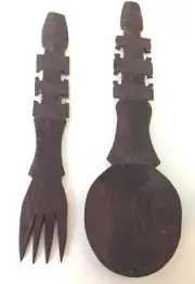 Wooden African Malawi Salad Set Hand Carved Serving Utensils Tribal People Decor