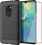 [Asuwish] Phone Case for Huawei Mate 20 with Tempered Glass Screen Protector Cover and Slim Thin Soft TPU Mobile Film Rugged Cell Accessories Protective Hawaii Mate20 P20 Women Men Carbon Fiber Black