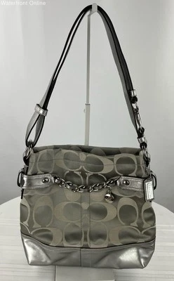COACH Signature Silver Canvas Leather Shoulder Bag Purse NWT