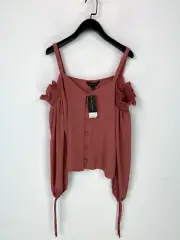 Dorothy Perkins Off Shoulder Long Sleeve Top Ruffle Shoulders Button Front UK 12