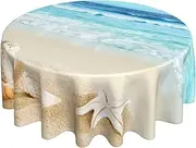 Summer Beach Theme Tablecloth Round 60 Inch Coastal Holiday Sand Starfish Ocean Wave Print Decorative Table Cloth with Dust-Proof Wrinkle Resistant for Home Kitchen Dining Patio Outdoor Picnic Part