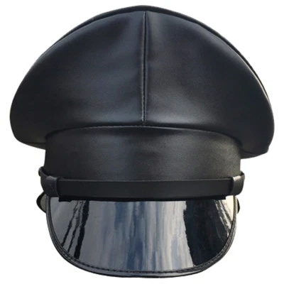 Black PU Leather Military Hat Performance Stage Show Night Bar Cap Captain Cap