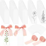 Yeaqee 100 Pcs Acrylic Bookmark Blanks Clear Bookmarks Acrylic Tags with 2 Rolls Ribbon DIY Craft Transparent Bookmark for Reading Lovers for School Presents(5.9 x 2 Inch,Dusty Pink)