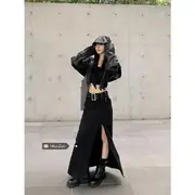 Collared Plain Faux Leather Crop Zip Biker Jacket / Mid Waist Slit Belted Maxi A-Line Skirt Jacket - Black - S
