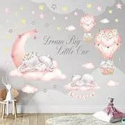 DECOWALL SG-2203 Dream Big Little One Wall Decals Stickers Kids Peel and Stick Removable Nursery Baby Room décor Girl Room Elephant Crib Decorations Star Moon Bedroom Pink Living