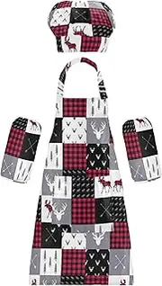 AIXIWAWA Kids Apron Chef Hat Set, Child Kitchen Bib Aprons Adjustable for Cooking Baking Painting (Elk Plaid Pattern)