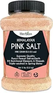 Herbion Naturals Himalayan Pink Salt Jar - Fine Grain, 5 lbs | Supreme Quality | Triple-Washed| GMO Free, Vegan, Kosher Certified | Chemical Free