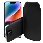 MEZON Apple iPhone 14 Plus (6.7") Pull Tab Slim Faux Leather Pouch Sleeve Case – Shock Absorption – Black