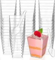 50 Pack 5 oz Square Dessert Cups with Spoons - Mini Parfait Cups, Clear