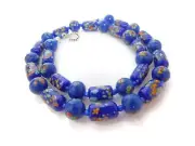 Blue Millefiori Lampwork Glass Beaded Necklace, Handmade with Vintage Beads